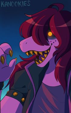 a woman with long red hair and an evil dinosaur's teeth in her mouth