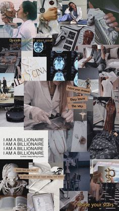 collage of images with words and pictures on them, including an image of a woman