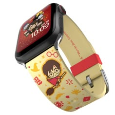 an apple watch with cartoon characters on the front and side bands, both yellow and red