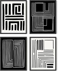 four black and white abstract paintings with lines on the bottom, one is square and two are rectangles