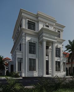 an architectural rendering of a large white building with columns and arches on the front, surrounded by palm trees