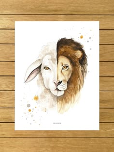 a watercolor painting of a lion and a lamb on a wooden background with planks