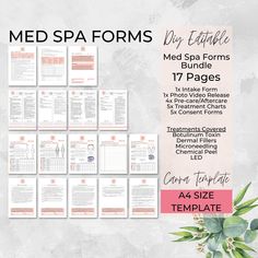 DIY Editable Med Spa Intake Health History Form, Botulinum Toxin, Dermal Fillers, Chemical Peels, Microneedling, LED, Consent, A4 SIZE EDITABLE TEMPLATE INCLUDES: 17 pages ☑ Client Intake & Health History Form (2 pages) ☑ Consent forms for Microneedling, LED, Chemical Peel, Botulinum Toxin Injections, Dermal Fillers (5 pages) ☑ Pre-treatment & aftercare (4 pages) ☑ Microneedling treatment charts and notes (5 pages) ☑ Photo & Video Release Form (1 page) WHAT YOU DOWNLOAD: ☑ Instructions with a li Medical Spa Decor, Med Spa Design, Med Spa Decor, Med Spa Aesthetic, Esthetician Ideas, Esthetician Salon, Waxing Aftercare