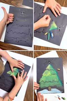 four pictures of children's hands making a christmas tree with crayons