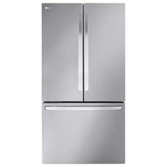 a stainless steel refrigerator freezer with two doors and one door on the left side