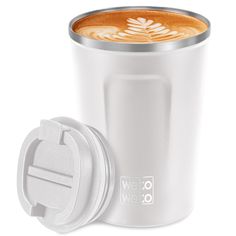 a white coffee cup with a lid next to a canister on a white background