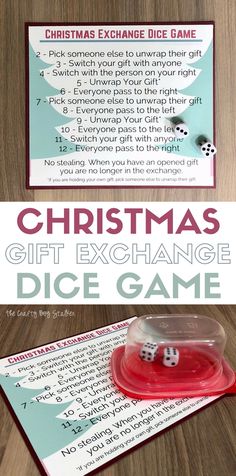 a christmas gift exchange game with dice on the card and instructions for it to play