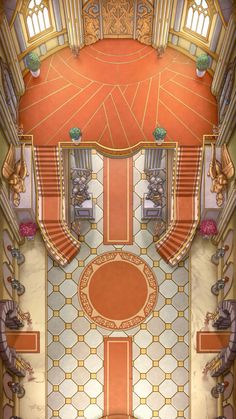 an overhead view of a room with stairs