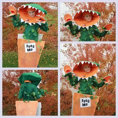 four pictures of a child dressed as a dinosaur and holding a bag with the words feed me written on it