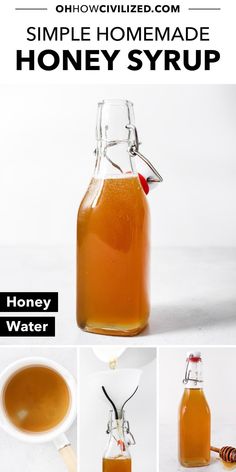 honey syrup in a glass bottle with instructions for how to make it and how to use it