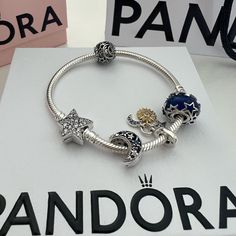 -Brand New Bracelet From Pandora -Never Worn -4 Charms Included -Delivered In Original Packaging -Moon Charm, Stars Charm, Galaxy Charm, And Open Work Moon Charm Star Pandora Bracelet, Pandora Star Bracelet, Pandora Bracelet Ideas, Silver Pandora Bracelet, Pandora Packaging, Pandora Star, Xoxo Jewelry