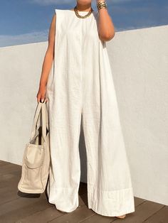 Elegant Sleeveless Solid Color Split-Side Shawl Collar Maxi Dresses Romper For Women, White Fashion Casual, Solid Color Jumpsuits, Loose Jumpsuit, Jumpsuits And Romper, Jumpsuits And Rompers, Linen Style, White Jumpsuit, Casual Jumpsuit