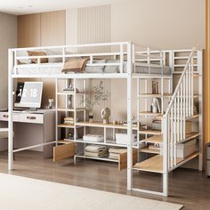 a white loft bed sitting next to a desk and computer on top of a wooden floor