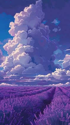 the sky is filled with clouds and lavenders as it stands in front of an empty field