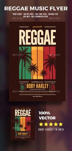 a flyer for reggae music festival with palm trees on the front and back, in different colors