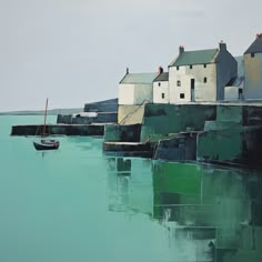 a painting of a small boat in the water near some houses and buildings on land