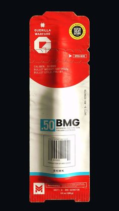 a red and white package with the number 50 bmg on it's side