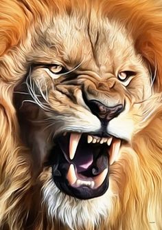 a painting of a lion with its mouth open and it's teeth wide open