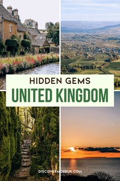 hidden gems in the united kingdom with text overlay that says hidden gems, and an image of a river running through it