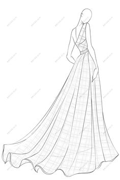 a line drawing of a woman's dress with long sleeves and a low back