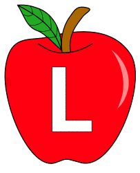 an apple with the letter l on it's side and a leaf in the middle