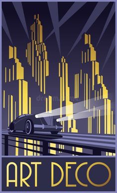 an art deco poster with a car driving down the road in front of city lights