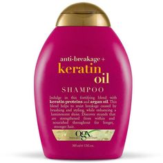 OGX Anti-Breakage + Keratin Oil Shampoo Indulge, fortify strengthen your tresses with OGX Anti-Breakage + Keratin Oil Shampoo. Blended with keratin proteins to help fortify strands increase elasticity as it prevents breakage Also formulated with argan oil, which is known for its conditioning and smoothing properties Damage repair shampoo is designed to maintain stronger, longer hair with a luminescent shine Ogx Conditioner, Ogx Shampoo, Ogx Hair Products, Thining Hair, Keratin Oil, Ph Balanced Shampoo, Anti Frizz Shampoo, Keratin Smoothing, Shampoo For Damaged Hair