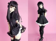 two pictures of a doll dressed in black and white clothing, one with long dark hair