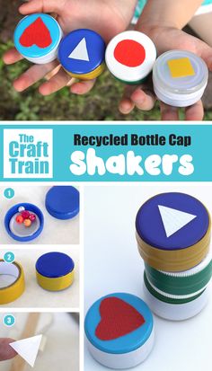 DIY shakers toy made from recycled milk bottle caps Shaker Craft, Purim Crafts, Easy Recycled Crafts, Recycle Bottle Caps, Instrument Craft, Bottle Cap Projects, Cap Craft, Recycled Toys, Diy Kid Activities