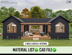 two bedroom bath and kitchen tiny house in the middle of a field with trees around it