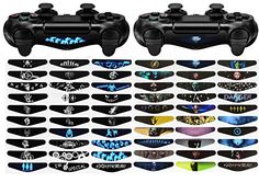 two video game controllers are shown with different designs on the sides and bottom one is black