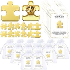 gold puzzle pieces are shown with white bags and tags for each piece in the package