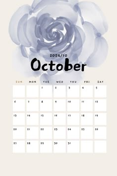 a calendar with blue flowers on it for the month of october, and an image of a