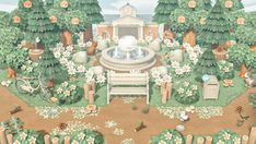 a painting of a park with trees, flowers and a fountain in the center surrounded by animals