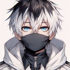 an anime character with white hair and blue eyes wearing a black face mask while looking at the camera