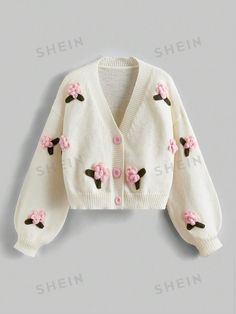 ROMWE Kawaii Cardigan With Upturned Collar & 3d Flower Detailing Buttons | SHEIN USA Flower Cardigan, Crochet Size, Floral Knit, Chunky Knit Cardigan, 90s Grunge, Kawaii Clothes, Knitwear Women, Chunky Knit, Cardigans For Women