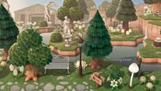 an animated park with lots of trees, benches and other things on the ground in front of it