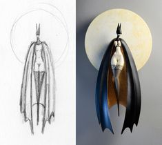 two drawings of bats hanging on the wall and one drawing of a woman's body