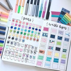 an open planner with markers, pens and washi tapes on the pages next to it