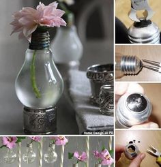 there are many different pictures with flowers in the vases and spoons on the table