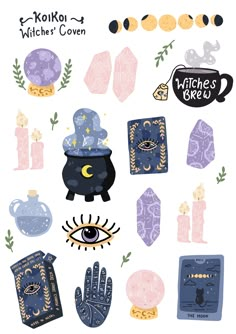 the witches'cove sticker sheet is shown in purple and blue, with gold accents