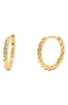 Elegantly twisted hoop earrings catch the light with a lustrous 14-karat gold vermeil finish. 5/8" hoop diameter Hinge with snap-post closure Sterling silver/14k-gold plate Imported Gold Twisted Huggie Earrings As Gift, Modern Twist Gold Huggie Hoop Earrings, Gold Tarnish Resistant Huggie Earrings With Modern Twist, Gold Huggie Earrings With Modern Twist, Tarnish Resistant, Twisted Hoop Earrings, Gold Hoops, Gold Hoop Earrings, Gold Vermeil, Wedding Jewelry