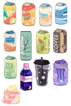 an image of many different types of drinks in cans and containers on a white background