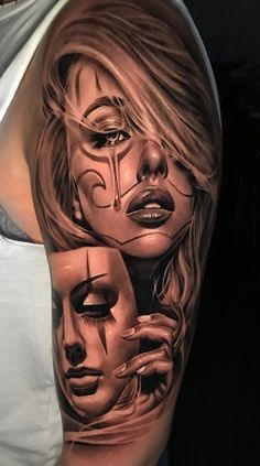 a woman's half sleeve with three faces on it