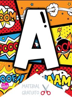 the letter a is made up of comic book pages and has scissors in front of it