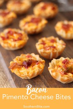 mini pizzas with bacon and cheese on a cutting board