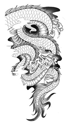 a dragon tattoo design on the back of a woman's arm, with black and white ink