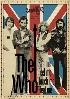 the who concert poster, with an arrow pointing up to two men and one woman