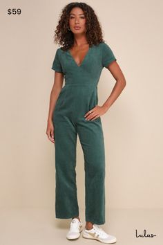 The Lulus Absolute Cutest Dark Green Corduroy Short Sleeve Jumpsuit has arrived just in time for everyone to fall for your charm this season! Soft corduroy shapes this on-trend jumpsuit that features a V-neckline and a princess-seamed bodice, all framed by short sleeves. Set-in waist sits atop straight pan legs that feature diagonal front pockets and seam details before ending at ankle-length hems. Hidden back zipper/clasp. Fit: This garment fits true to size. Length: Ankle length. Size medium m Fall Corduroy Overalls For Workwear, Casual Green Winter Jumpsuit, Casual Corduroy Overalls For Fall, Casual Spring Corduroy Overalls, Courdory Jumpsuit, Winter Romper, Short Sleeve Jumpsuit, Green Corduroy, Corduroy Shorts