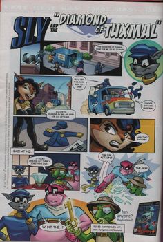 an article in the comic book sly and the diamond of flixmal, featuring cartoon characters